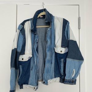 FREE PEOPLE DENIM PATCHWORK BOMBER JACKET